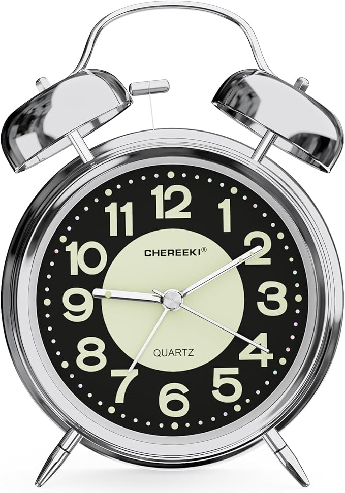 CHEREEKI Loud Alarm Clock for Heavy Sleepers Adults, Silent Non Ticking Analog Clock with Backlight, Luminous Dial, Battery Operated Alarm Clock for Bedroom, Included Battery, Silver