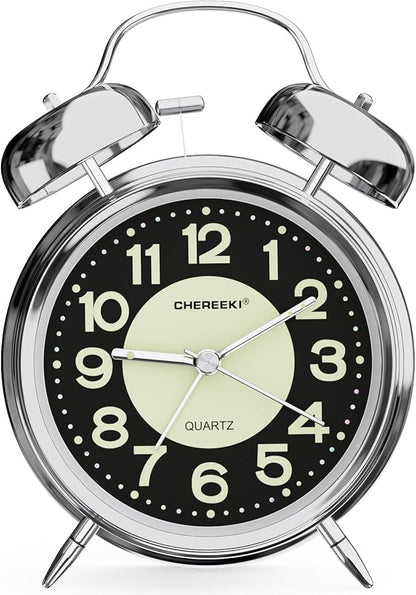 CHEREEKI Loud Alarm Clock for Heavy Sleepers Adults, Silent Non Ticking Analog Clock with Backlight, Luminous Dial, Battery Operated Alarm Clock for Bedroom, Included Battery, Silver