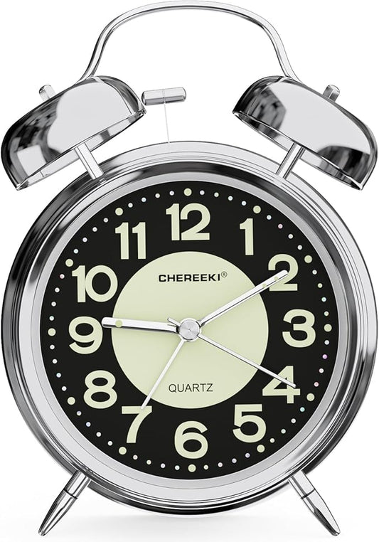 CHEREEKI Loud Alarm Clock for Heavy Sleepers Adults, Silent Non Ticking Analog Clock with Backlight, Luminous Dial, Battery Operated Alarm Clock for Bedroom, Included Battery, Silver