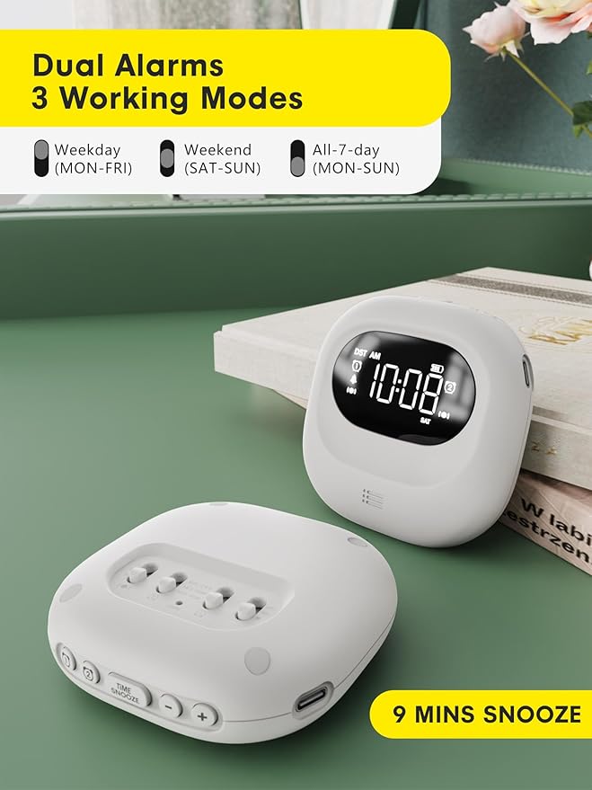 ROCAM Rechargeable Vibrating Alarm Clock Bed Shaker, 3000mAh Portable Travel Clock Under Pillow for Teens, Deaf People, Heavy Sleepers, Adults – 160-Day Standby, Great for Bedroom or Dorm Use, White