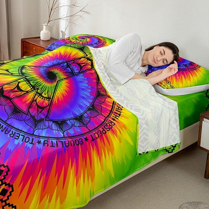 Watercolor Peace Sign Sheet Set Full Size Tie-Dye Rainbow Bed Sheet Set 4pcs with Deep Pocket Fitted Sheet + Flat Sheet + 2 Pillowcases Boho Exotic Style Soft Bedding Set for Kids Teens Room Decor