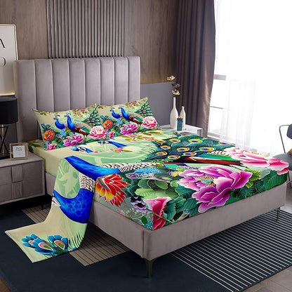 Peacock Sheet Queen,Elegant Gorgeous Blue Feather Bedding Set for Teens Girls Woman Room Decor,Pink Flower Animal Theme Bed Sheet Set 4pcs with Deep Pocket Fitted Sheet + Flat Sheet + 2 Pillowcases