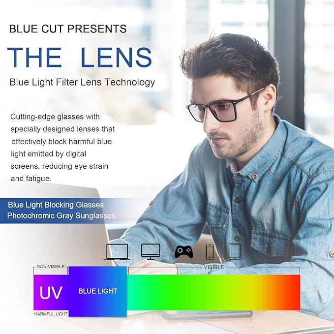 YIMI Blue Light Blocking Glasses Photochromic Gray Sunglasses for Men and Women Day Night Gaming TV Phones Computer Eyeglasses UV Protection Anti Glare Shade Lightweight Eyewear Full Frame Spectacles