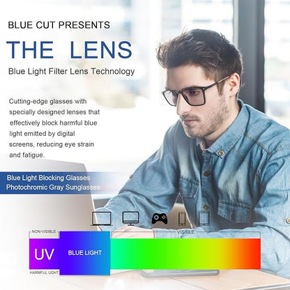 YIMI Blue Light Blocking Glasses Photochromic Gray Sunglasses for Men and Women Day Night Gaming TV Phones Computer Eyeglasses UV Protection Anti Glare Shade Lightweight Eyewear Full Frame Spectacles