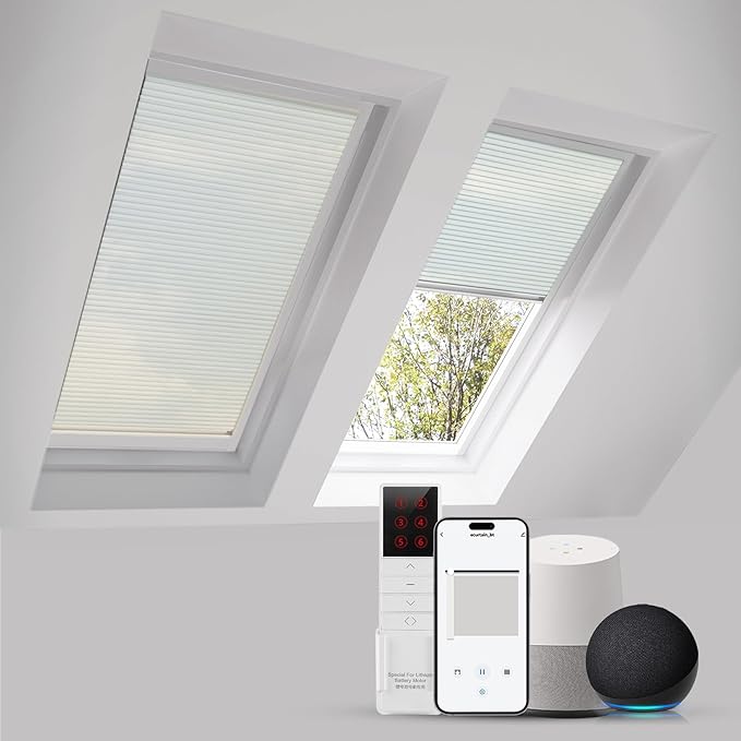 ZSTARR Motorized Skylight Shades Blackout Cellular Honeycomb Electric Blinds with Solar Panel Cordless Rechargeable with Remote for Roof and Slanted Windows Custom Size (Sheer Beige)