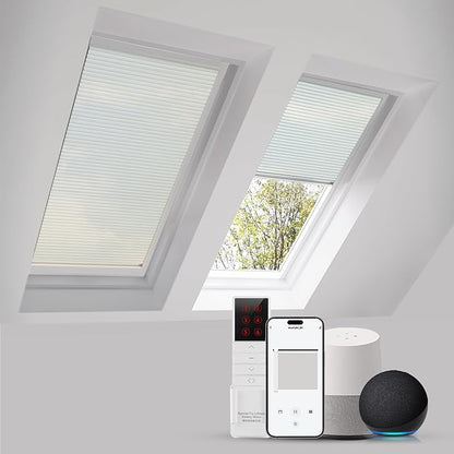 ZSTARR Motorized Skylight Shades Blackout Cellular Honeycomb Electric Blinds with Solar Panel Cordless Rechargeable with Remote for Roof and Slanted Windows Custom Size (Sheer Beige)