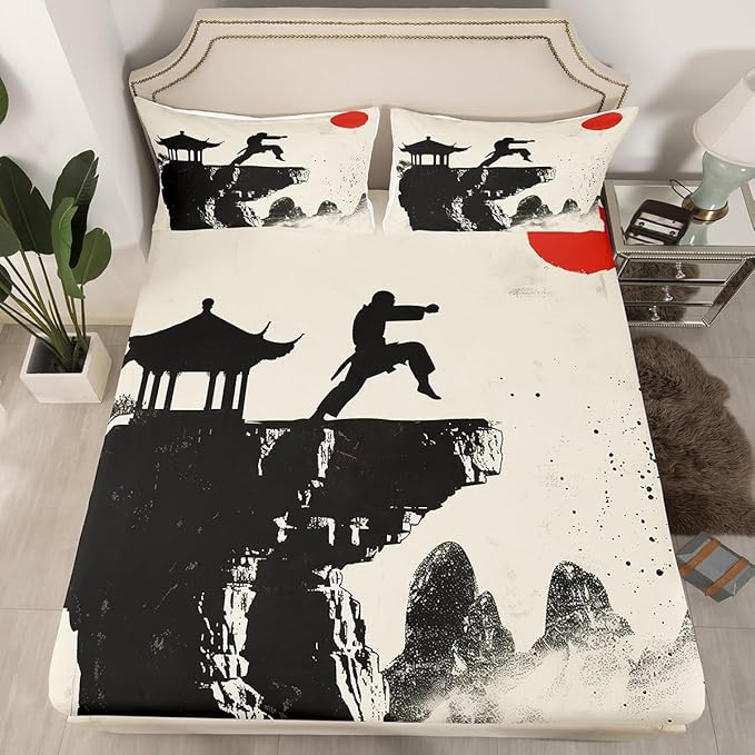 Manfei Karate Fitted Sheet Full Size, Japanese Style Sports Theme Bedding Set 3pcs, Japanese Kungfu Bed Cover with 2 Pillowcases, Kids Boys Teens Adult Room Decor, Soft Bedding(No Top Sheet)