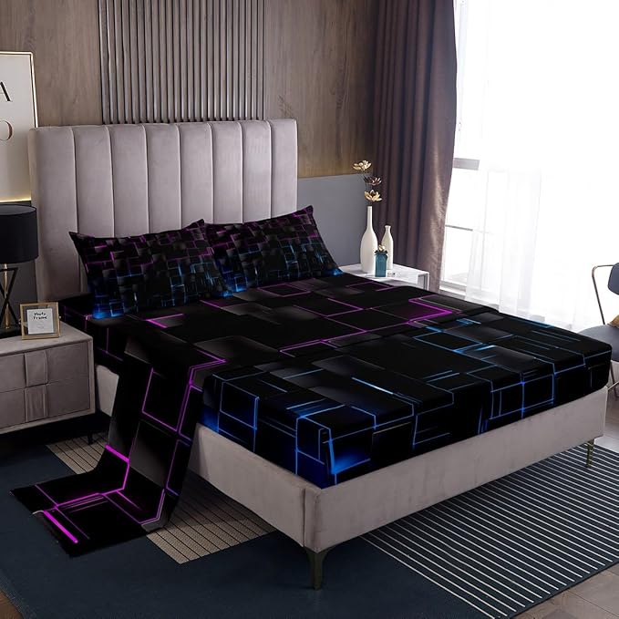Manfei Rose and Blue Sheet Set Full Size, Abstract Geometric Grid Bed Sheet Set 4pcs with Deep Pocket Fitted Sheet + Flat Sheet + 2 Pillowcases, Black Square Lattice Bedding Set for Kids Boys Adults