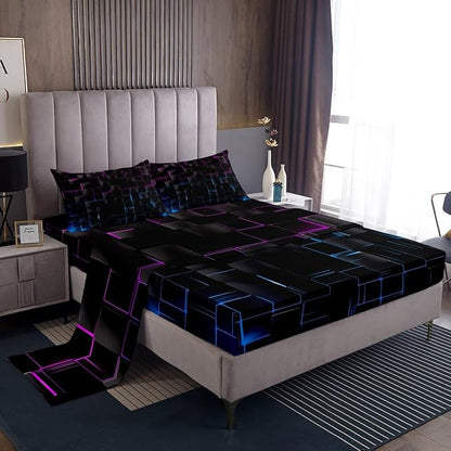 Manfei Rose and Blue Sheet Set Queen Size, Abstract Geometric Grid Bed Sheet Set 4pcs with Deep Pocket Fitted Sheet + Flat Sheet + 2 Pillowcases, Black Square Lattice Bedding Set for Kids Boys Adults