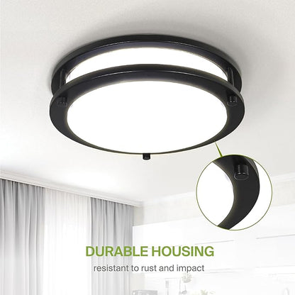 ASD LED 10" Round Flush Mount Lighting, Close to Ceiling Light Fixture | 3CCT, Dimmable, Energy Star, ETL Listed | 16W 1041LM 3000K-5000K 120V | Low Profile Double Ring Lamp | Black