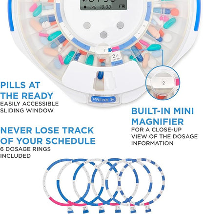 LiveFine Automatic Pill Dispenser with 28-Day Electronic Medication Organizer, 6 Dosage Rings, LCD Display with Sound & Light Alerts, Key & Magnifying Glass for Prescriptions, Vitamins & Supplements