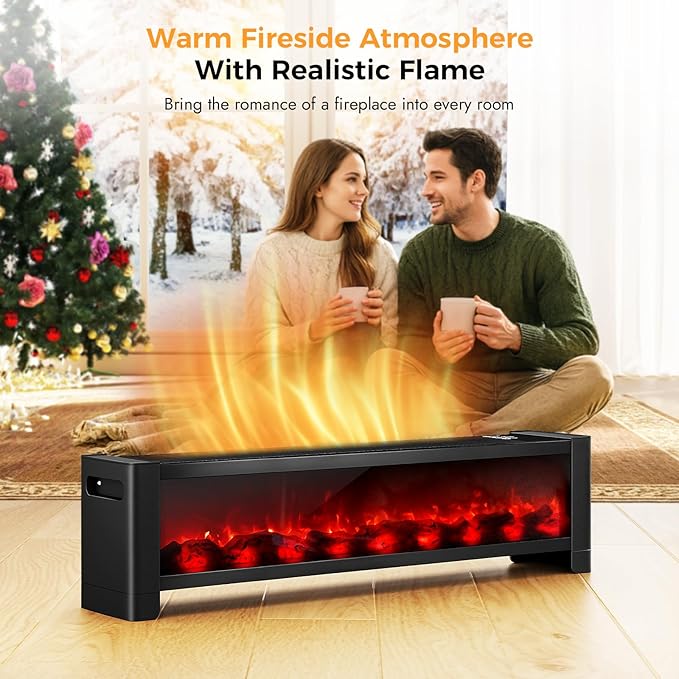 Baseboard Heater with Fireplace - 1500W Electric Fireplace Heater with Realistic 3D Flame Effect, Adjustable Thermostat Space Heater for Large Room, Office&Bedroom, Tip-Over&Overheat Protection