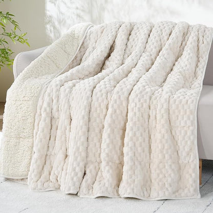 Drewin Weighted Blanket 15lbs, Adult Weighted Blankets with Double-Sided Shaggy Sherpa, Soft Plush Jacquard Bed Blanket for Sleeping and Calming, Ceramic Beads, Cream White, 48 x 72 inches