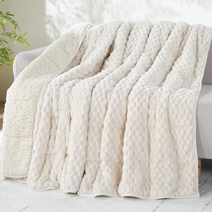 Drewin Weighted Blanket 20lbs, Ultra-Soft Warm Weighted Blanket Queen Size, 3D Jacquard Heavy Blanket for Sleep Natural and Relaxing, Cozy Bed Blanket with Ceramic Beads, Cream White, 60 x 80 inches
