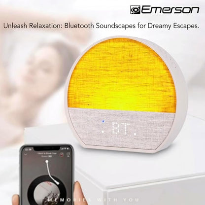 Emerson CKSS7801WM Sunrise Smartset Alarm Clock with White Noise, 4 Soothing Sounds and 2 Wake up Sounds, 8-Color Dimmable LED, Bluetooth Speaker, White with Tan