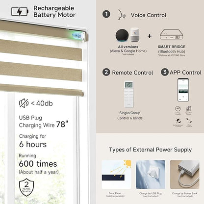Motorized Zebra Blinds, Cordless Blackout Window Shades with Remote, Custom Dual Layer Smart Roller Shades Compatible with Alexa Google Assistant, Automatic Light Filtering Blinds,Coffee