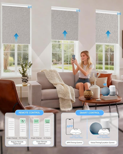 Motorized Roller Shade with Remote Control, Blackout Electric Shade for Windows Compatible with Alexa Google via Hub, Rechargeable Smart Window Blind Customized Size (Fabric Wheat)