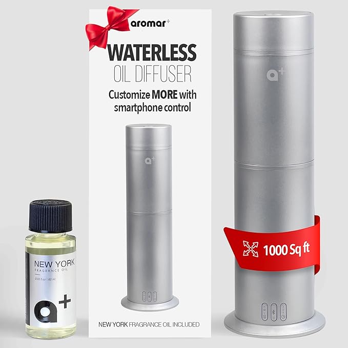 AROMAR Smart Waterless Oil Diffuser - Cold-Air Essential Scent Machine, App-Controlled, Covers 1000 Sq.Ft - Includes 'New York' Scent - Perfect for Home, Office, & Business use - Silver
