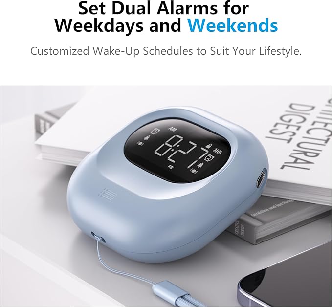 Mesqool Vibrating Alarm Clock for Heavy Sleepers, Battery Operated Rechargeable Bed Shaker Under Pillow, Wireless,Vibration Adjustable, Dual Alarms, Travel Portable Digital Clock for Hearing-impaired