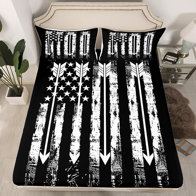 Manfei Archery Fitted Sheet Full Size, American Flag Arrows Print Bedding Set 3pcs, Sports Gaming Theme Bed Cover with 2 Pillowcases, Kids Boys Teens Room Decor, Soft Bedding(No Top Sheet)