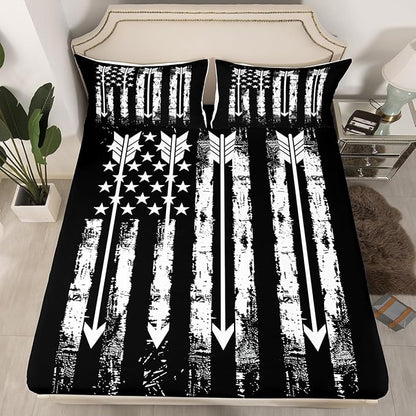Manfei Archery Fitted Sheet Full Size, American Flag Arrows Print Bedding Set 3pcs, Sports Gaming Theme Bed Cover with 2 Pillowcases, Kids Boys Teens Room Decor, Soft Bedding(No Top Sheet)