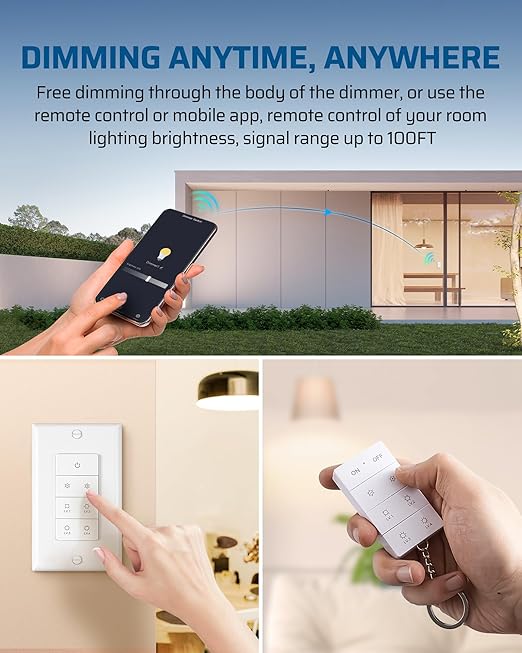 DEWENWILS Smart Dimmer Switch with Remote, Single-Pole, Needs Neutral Wire, 2.4GHz Wi-Fi Electrical Light Dimming Switch Works with Alexa & Google Home, Remote/WiFi Smart Control Dimmer, ETL Listed