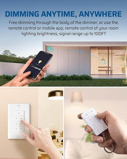 DEWENWILS Smart Dimmer Switch with Remote, Single-Pole, Needs Neutral Wire, 2.4GHz Wi-Fi Electrical Light Dimming Switch Works with Alexa & Google Home, Remote/WiFi Smart Control Dimmer, ETL Listed