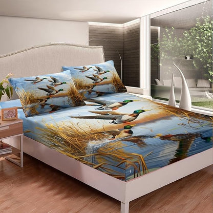 Mallard Duck Kids Fitted Sheet Queen Size,Hunting Fishing Cabin Farmhouse Bedding Set,Boys Girls Room Decor,Wild Bird Rustic Animal Bed Cover,Blue Yellow Bed Sheet,2 Pillowcases