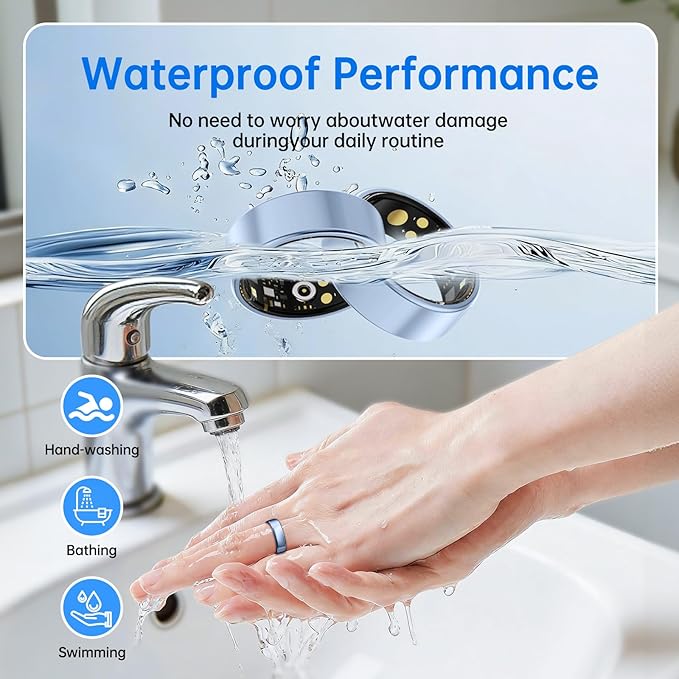 Smart Ring for Women & Men, Health Tracker Ring with Heart Rate, Blood Oxygen,Blood Pressure, IP68 Waterproof Fitness Ring, Sleep Tracker for iPhone and Android, No APP Fee (Blue, 7#)