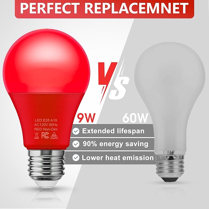 Briignite [2 Pack A19 LED Red Light Bulbs Indoor/Outdoor, Christmas Light Bulbs 9W (60W Equivalent) E26 Base 720LM Porch Light Bulb, LED Light Bulb for Halloween Christmas Decor