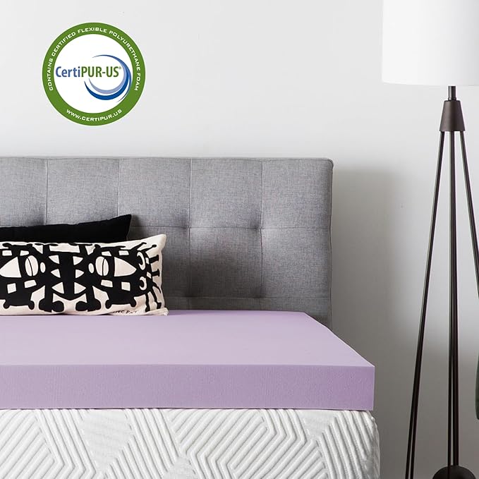 Lucid 4 Inch Lavender Memory Foam Mattress Topper, Queen Size – Essential Oil Infusion – Ultra Plush Feel, Pressure-Relieving Bed Topper – Ventilated and Breathable – CertiPur Certified