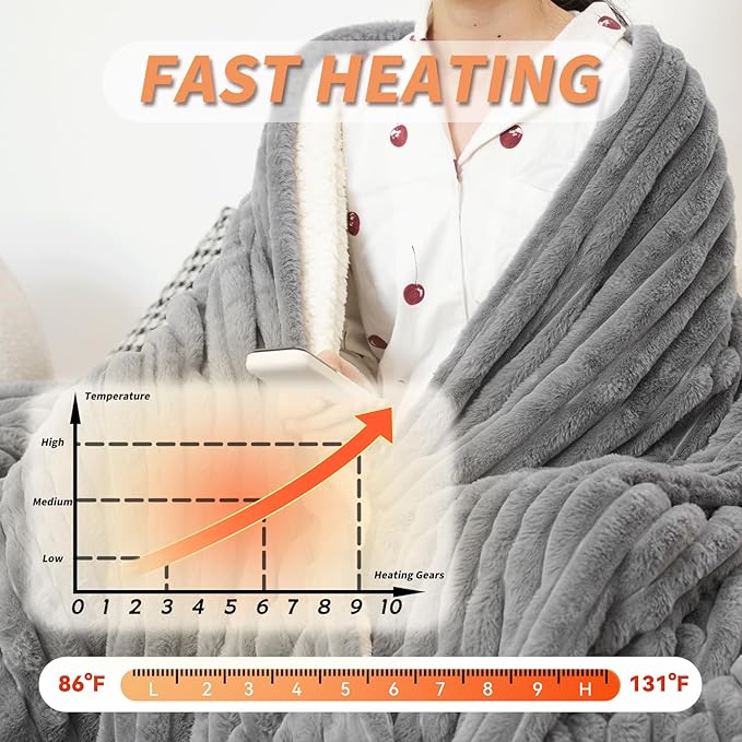Heated Blanket Queen 84" x 90" Faux Fur & Sherpa Electric Blanket Queen Size with 10 Heating Levels & 1-12 Hours Auto Off, Soft Cozy Heating Blanket Machine Washable, Grey