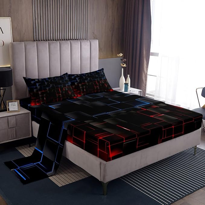 Manfei Blue and Red Sheet Set King Size, Abstract Geometric Bed Sheet Set 4pcs with Deep Pocket Fitted + Flat + 2 Pillowcases, Black Square Lattice Bedding Set for Kids Boys Girls Room Decor