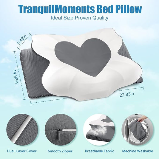 Cervical Neck Pillow for Sleeping, Memory Foam Pillow for Neck Support, Set of 2 Ergonomic Pillow for Pain Relief, Contour Bed Pillow for Side Back Stomach Sleepers, Grey Standard Size