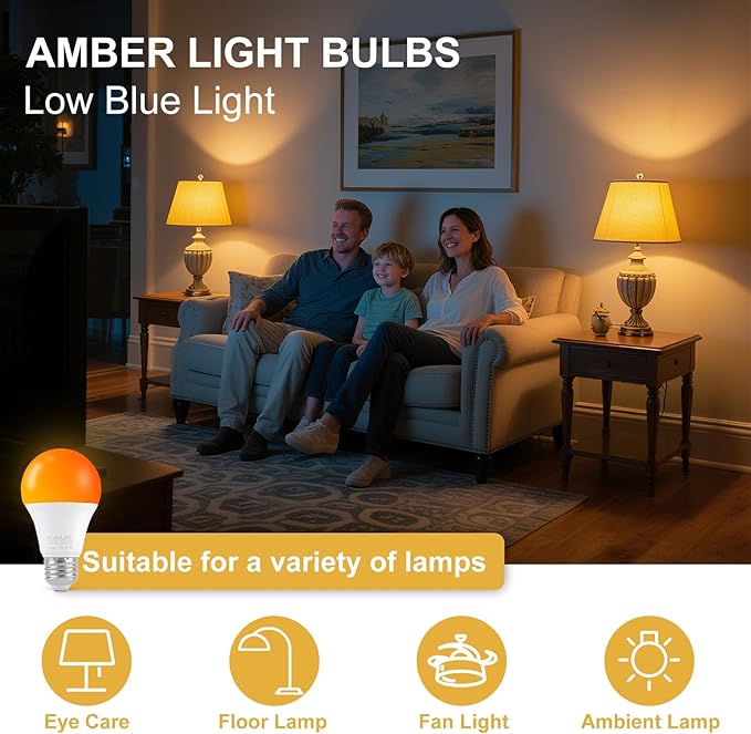 KINUR LED Amber Light Bulbs, A19 9W(60W Equivalent) 1800K E26 A19 Amber Soft Light Bulbs Warm Night Light for Bedroom, Healthy Sleep, Turtle Friendly Light 2 Pack
