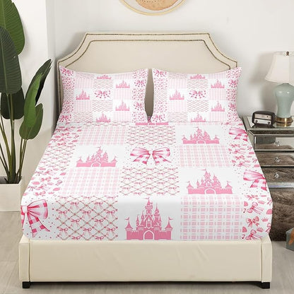 Princess Castle Fitted Sheet,Dreamy Bow-tie Bowknot Fairy Tale Kawaii Sheet Set for Ultra Soft Room Gift,Pink White Geometric Plaids Patchwork Bedding Set with 2 Pillowcases,Queen Size