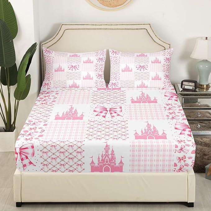 Princess Castle Fitted Sheet Twin Size,Dreamy Bow-tie Bowknot Fairy Tale Kawaii Bed Sheet with 1 Pillowcase,Pink White Geometric Plaids Patchwork Soft Decorative Fabric Bedding,Room Gift