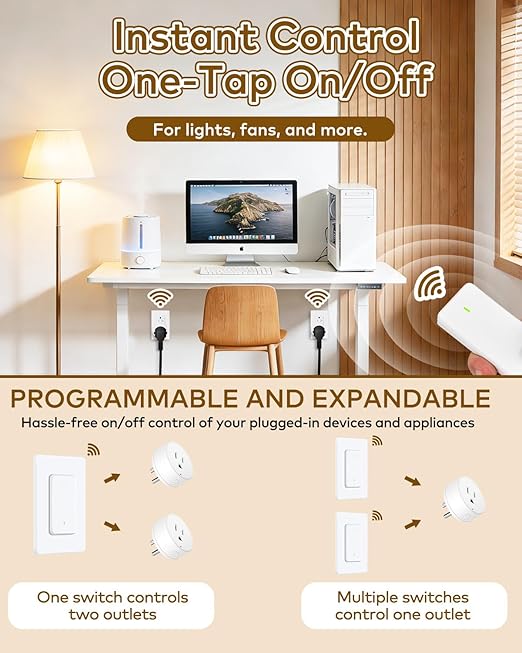 NineLeaf 2 Remote Control Outlet Plug with 2 Separate Switches – 500ft Range Wireless Light Switch, No Wiring, Removable Magnetic Base, 15A/1500W, Programmable Timer for Lamps, Fans, Holiday Décor