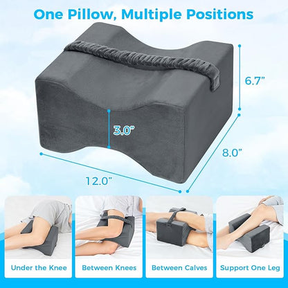 Knee Pillow for Side Sleepers, Memory Foam Leg Pillow with Strap for Side Sleeping, Supportive Elevation Pillow Between Legs for Knee, Ankle Sciatica, Pregnancy, Joint Pain (Gray/Plus)