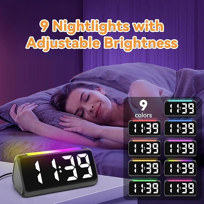 Netzu Alarm Clocks for Bedrooms Heavy Sleepers, Vibrating Alarm Clock with Bed Shaker, Night Light, RGB Display, Dimmer, Snooze for Hearing Impaired People (Black)