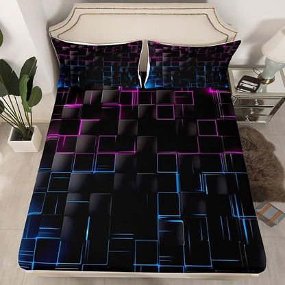 Manfei Rose and Blue Sheet Set Full Size, Abstract Geometric Grid Bed Sheet Set 4pcs with Deep Pocket Fitted Sheet + Flat Sheet + 2 Pillowcases, Black Square Lattice Bedding Set for Kids Boys Adults