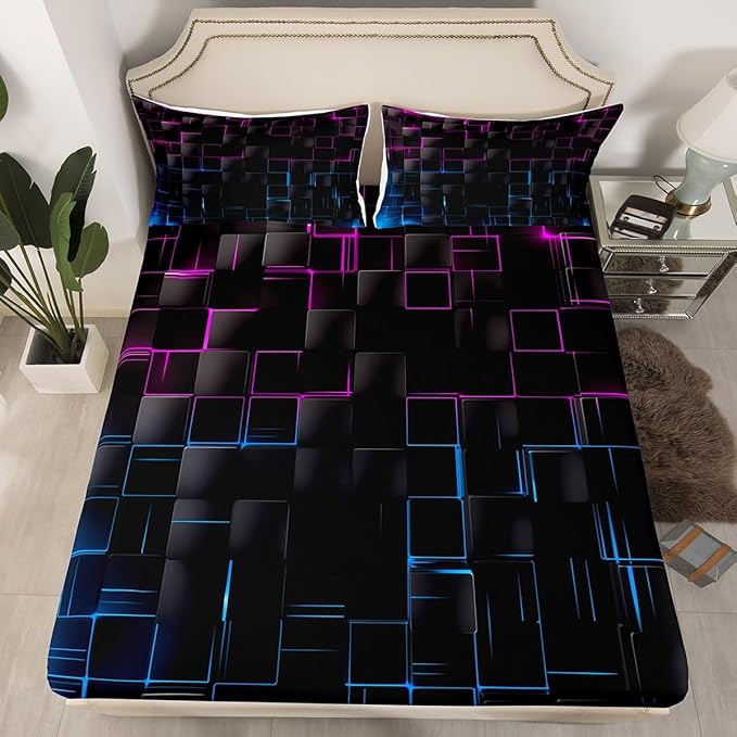 Manfei Rose and Blue Sheet Set Twin Size, Abstract Geometric Grid Bed Sheet Set 3pcs with Deep Pocket Fitted Sheet + Flat Sheet + 1 Pillowcase, Black Square Lattice Bedding Set for Kids Boys Adults