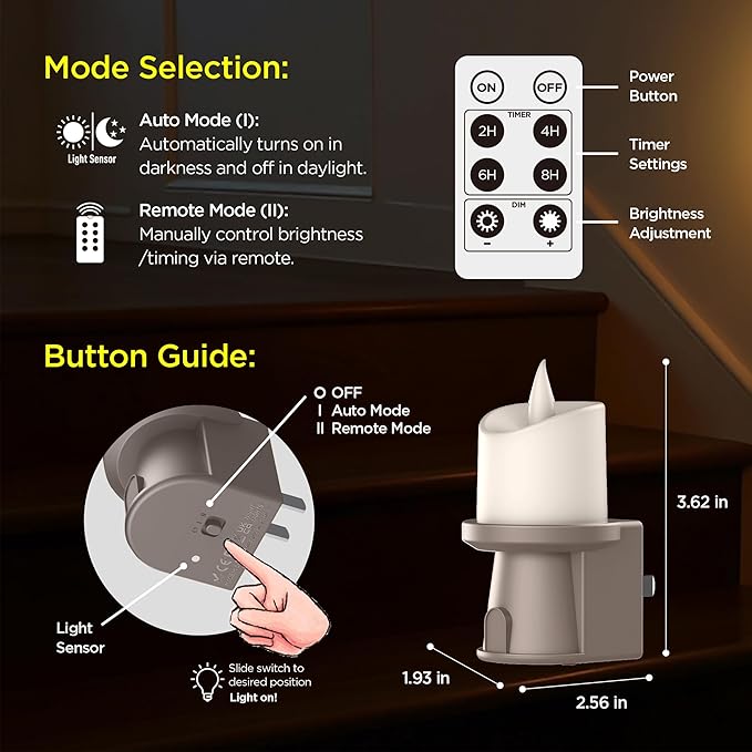 2-in-1 Plug in Night Light (1 Pack) - Dual Mode: Auto Sensor & Remote Timer - Boho Neutral Beige Candle Nightlight for Nursery, Bedroom, Bathroom Aesthetic (Taupe, 1 Pack)