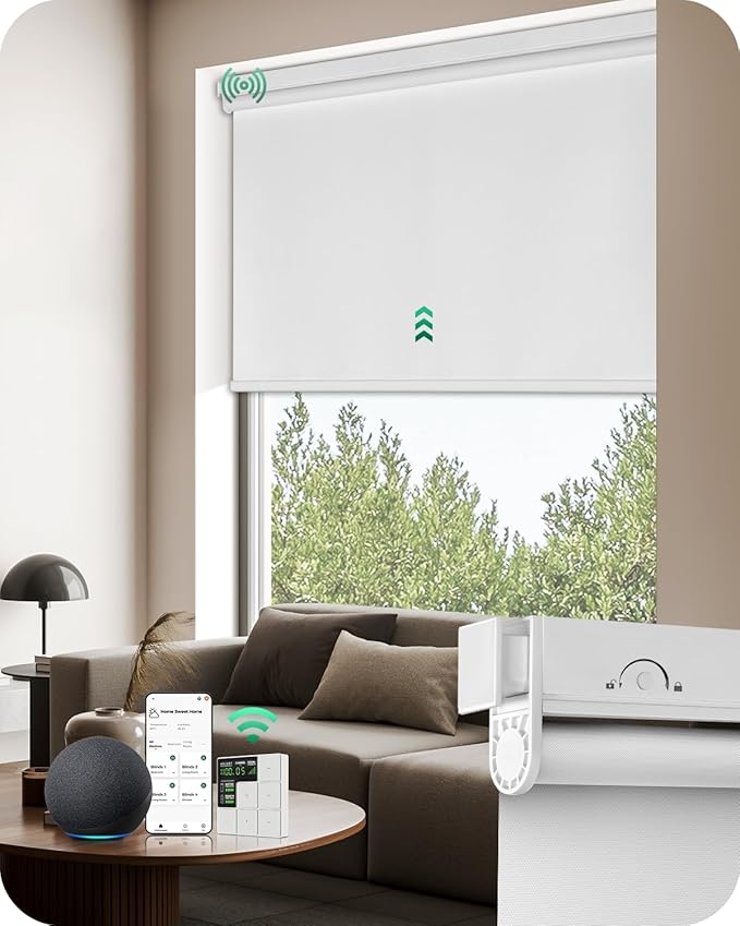 Allesin No Drill Motorized Roller Blinds with Remote Control for Windows, Blackout Automatic Smart Shades, Powered Electric Blind (Custom Size and Color)