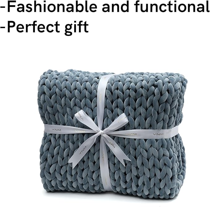 YnM Velvet Weighted Blanket, Handmade Chunky Knitted Design, Soft and Cozy, Temperature Regulating and Breathable, Machine Washable Throw for Sleep or Home Decor (Blue, 50x60 Inch, 10lbs)