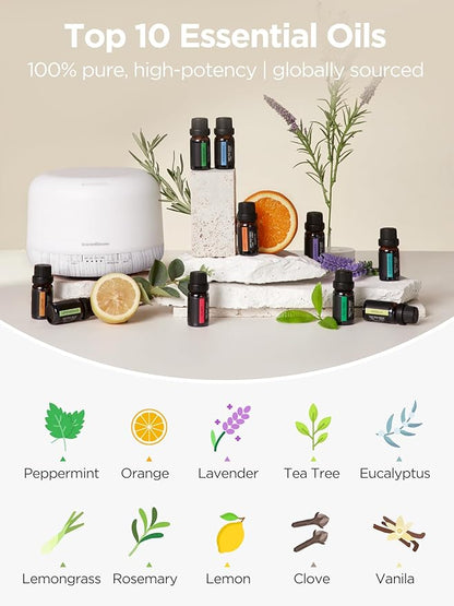InnoGear Aromatherapy Diffuser & 10 Essential Oils Set, 500ml Essential Oil Diffuser with Remote Control Ultrasonic Cool Mist Scent Humidifier Vaporizer Auto-Off Timer for Valentine's Gift, White