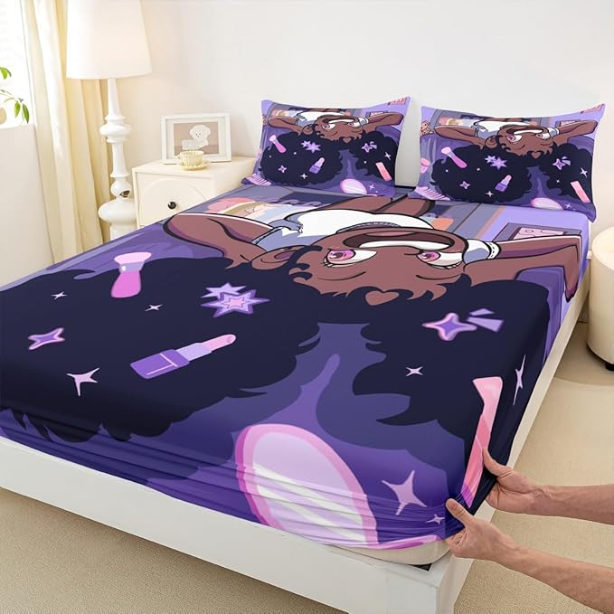 Black Princess Girl Kids Sheet Full Size,African American Cartoon Cosmetic Bedding Set, Star Magical Cute Y2K Chic Kids Room Decor,Purple Sheet(Fitted+Flat+2 Pillowcases)