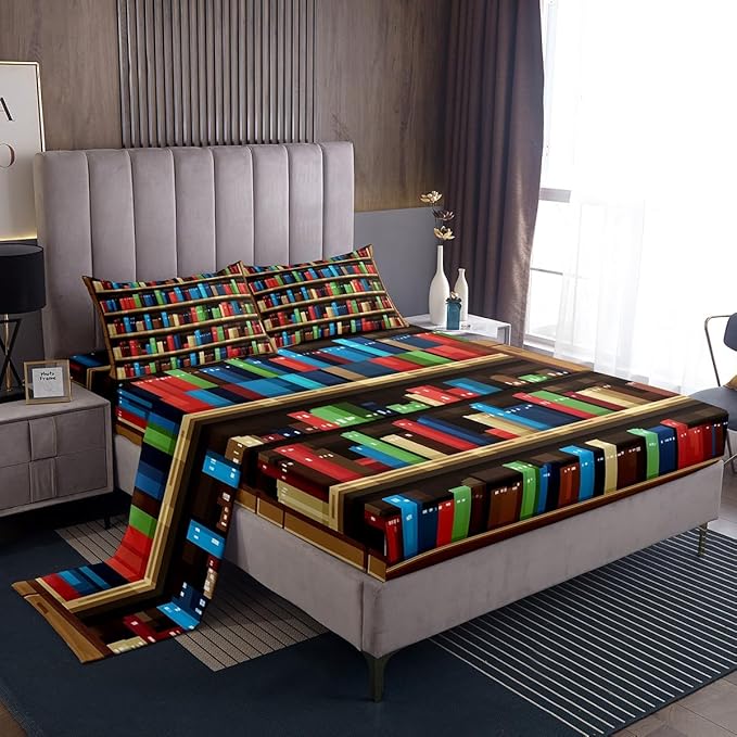 Pixel Vedio Game Kids Sheet King Size,Pixelated Bookshelf Bookcase Easy Wash Bedding Set,Books Modern Building Games Boys Girls Room Decor,Colorful Sheet(Fitted+Flat+2 Pillowcases)