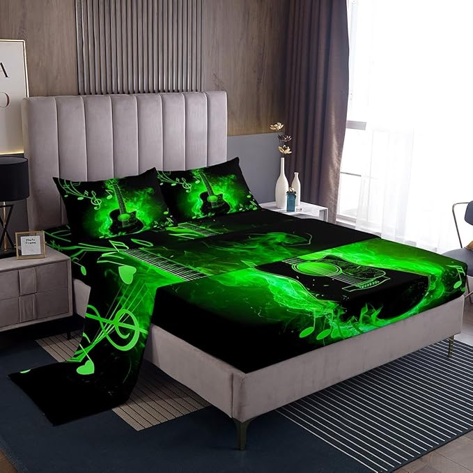 Electric Guitar Fitted Sheet Set Full Size 4 Pcs,Rock Music Theme Guitar Musical Notes Teens Sheets,Neon Green Glowing Modern Artistic Bedding Sets (1 Fitted,1 Flat,2 Pillowcases)