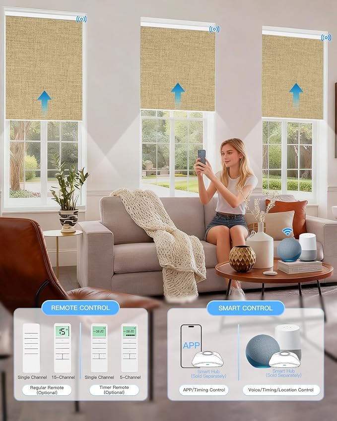Motorized Roller Shade with Remote Control, Blackout Electric Shade for Windows Compatible with Alexa Google via Hub, Rechargeable Smart Window Blind Customized Size (Fabric Dark Coffee)